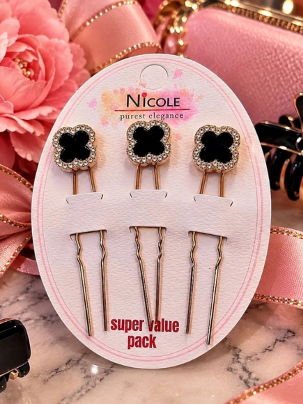 🖤 Black Clover Rhinestone Hair Pins –